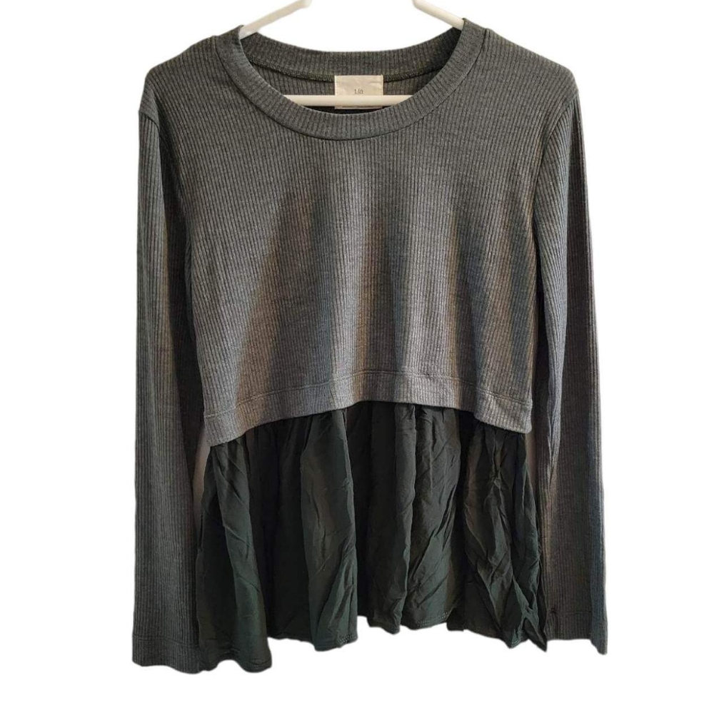 Anthropologie Grey Ribbed Long Sleeve Top with Black Peplum